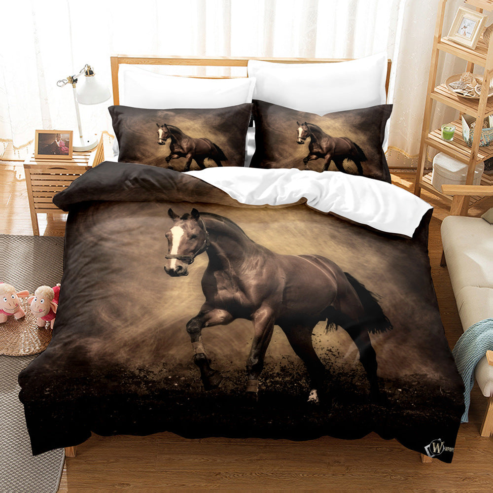 Animal Horse Pattern 3-Piece Quilt Cover Set Coral Fleece Bedding Home Textile