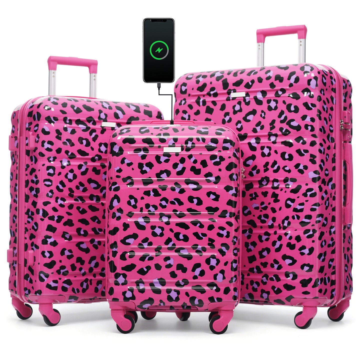 20-Inch Carry-On Luggage Set with USB Port - Fuchsia Leopard Print