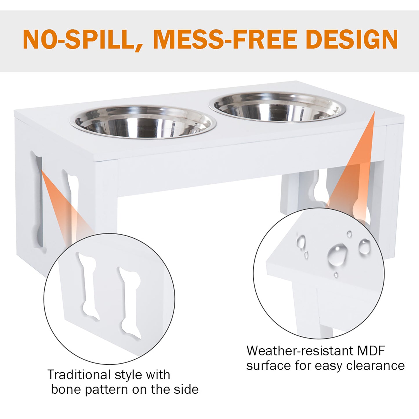 23-Inch Elevated Wooden Dog Bowl Stand with Stainless Steel Bowls - White