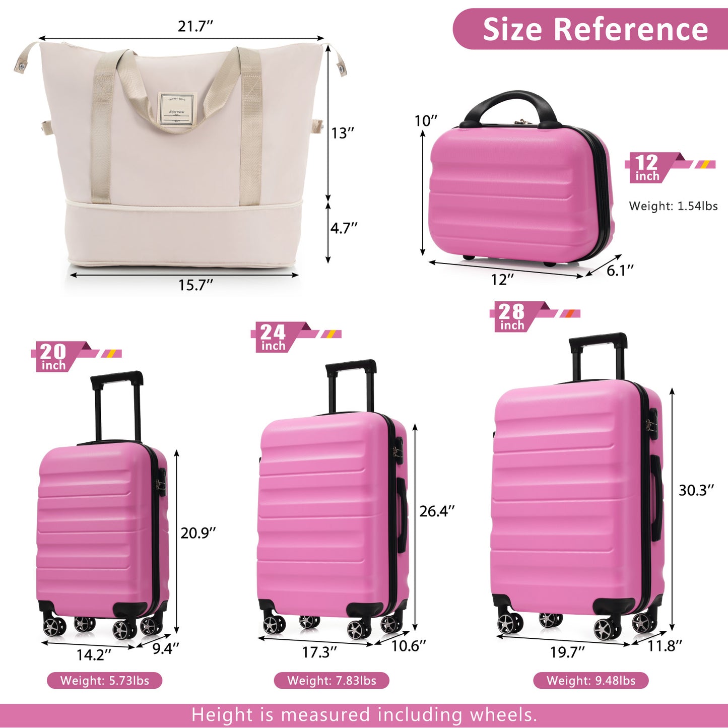 Lightweight Hardshell ABS Luggage Set - Pink, 4 Sizes for Travel