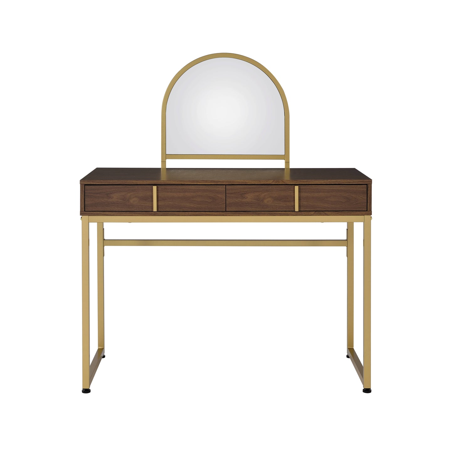Walnut & Gold Finish Vanity Desk with Mirror & Jewelry Tray