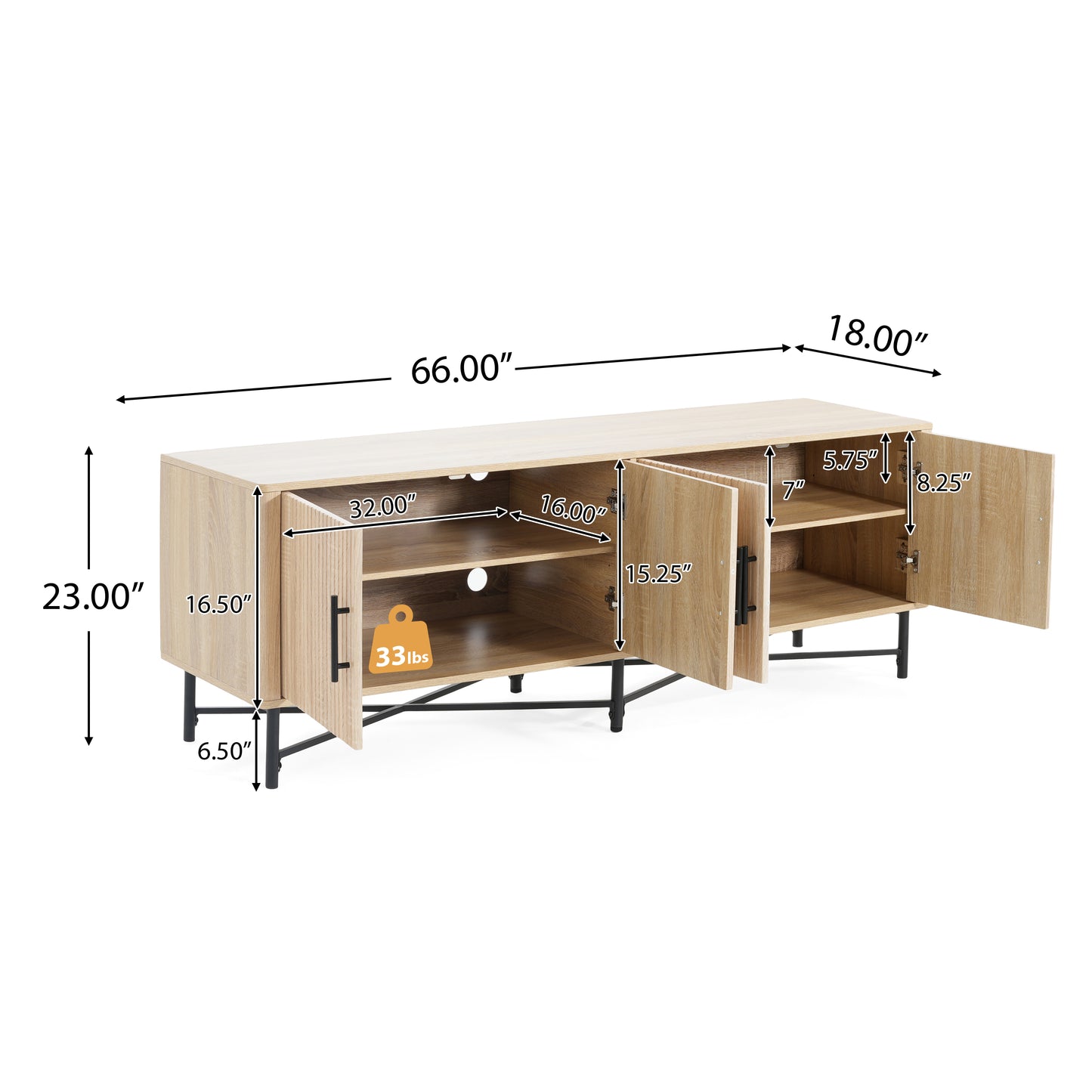4-Door TV Cabinet with Adjustable Shelves - Natural