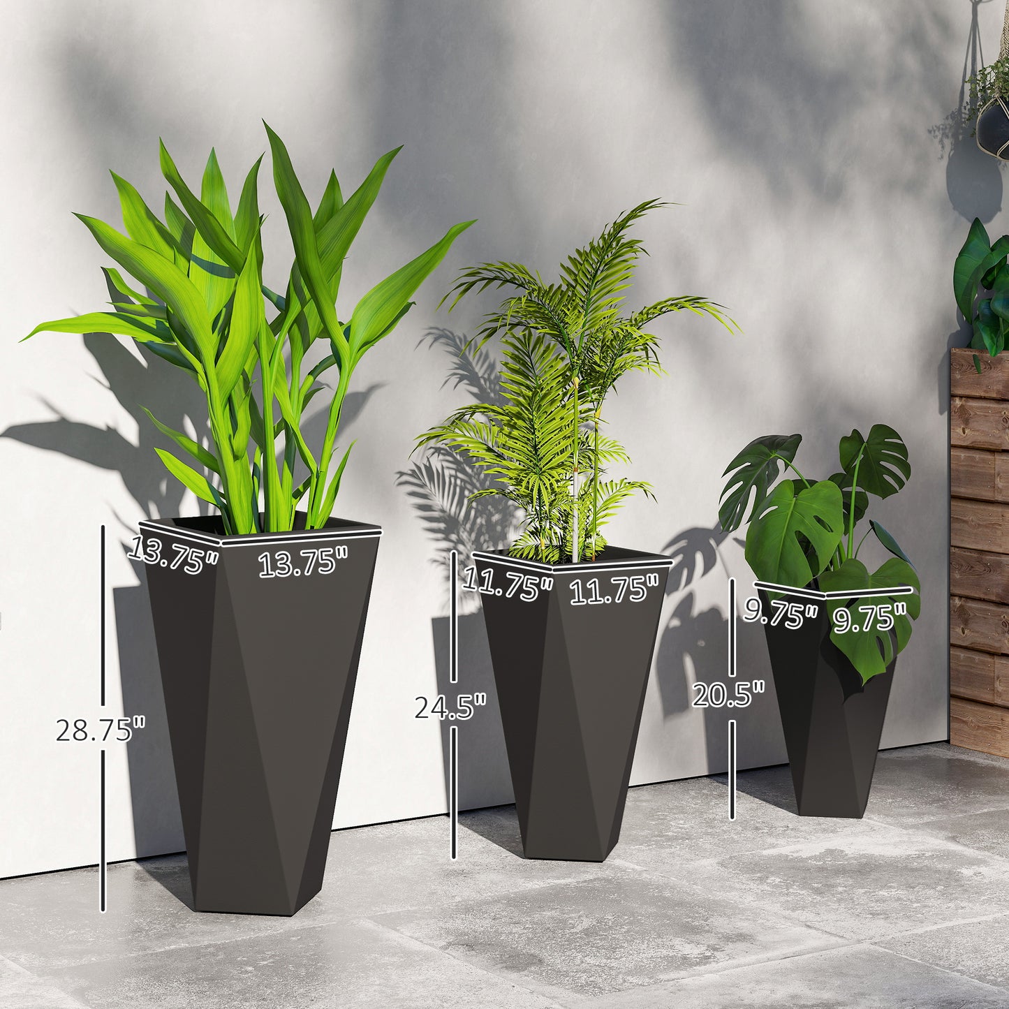 Set of 3 Tall Stackable Outdoor Garden Planters with Drainage Holes - Black