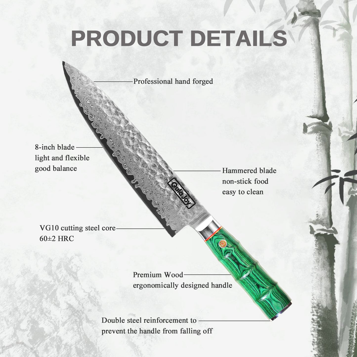 Japanese Chef Knife 8 Inch - Damascus VG-10 Steel, Hammered Blade