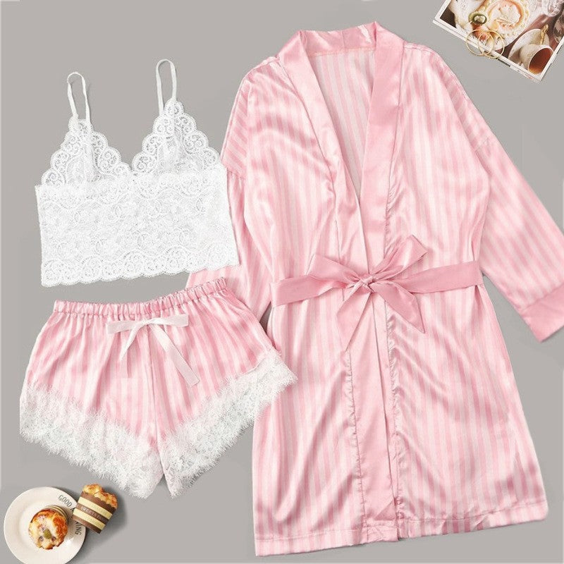 Lingerie Satin Striped Coat Lace Bra Underwear Set - Women’s Sexy Sleepwear