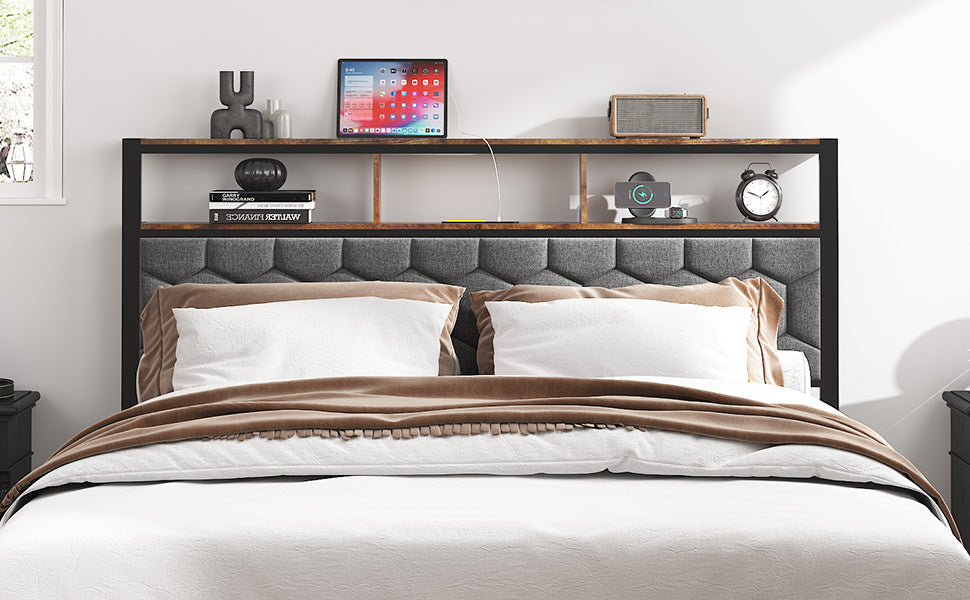 Full Wood Platform Bed Frame with Upholstered Headboard, USB Ports & Underbed Storage