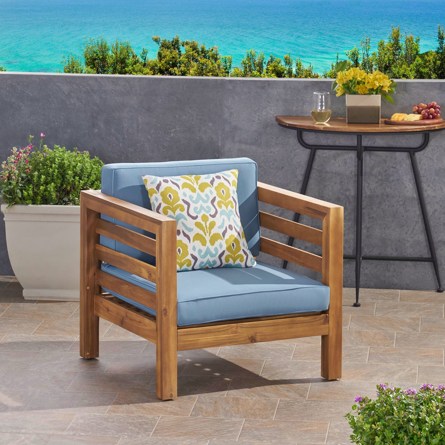 Oana Club Chair - Durable Acacia Wood, Pecan Blue