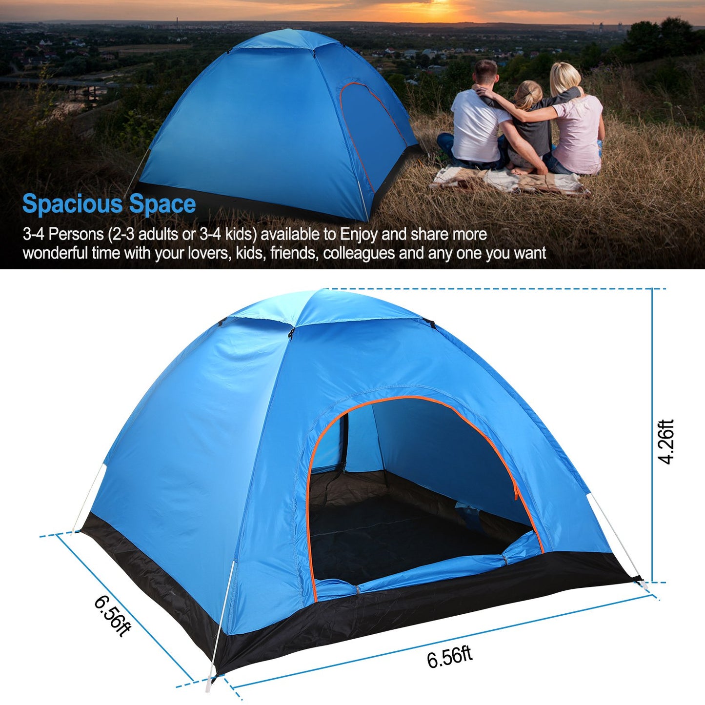 4-Person Waterproof Camping Tent with Mosquito Net - Blue
