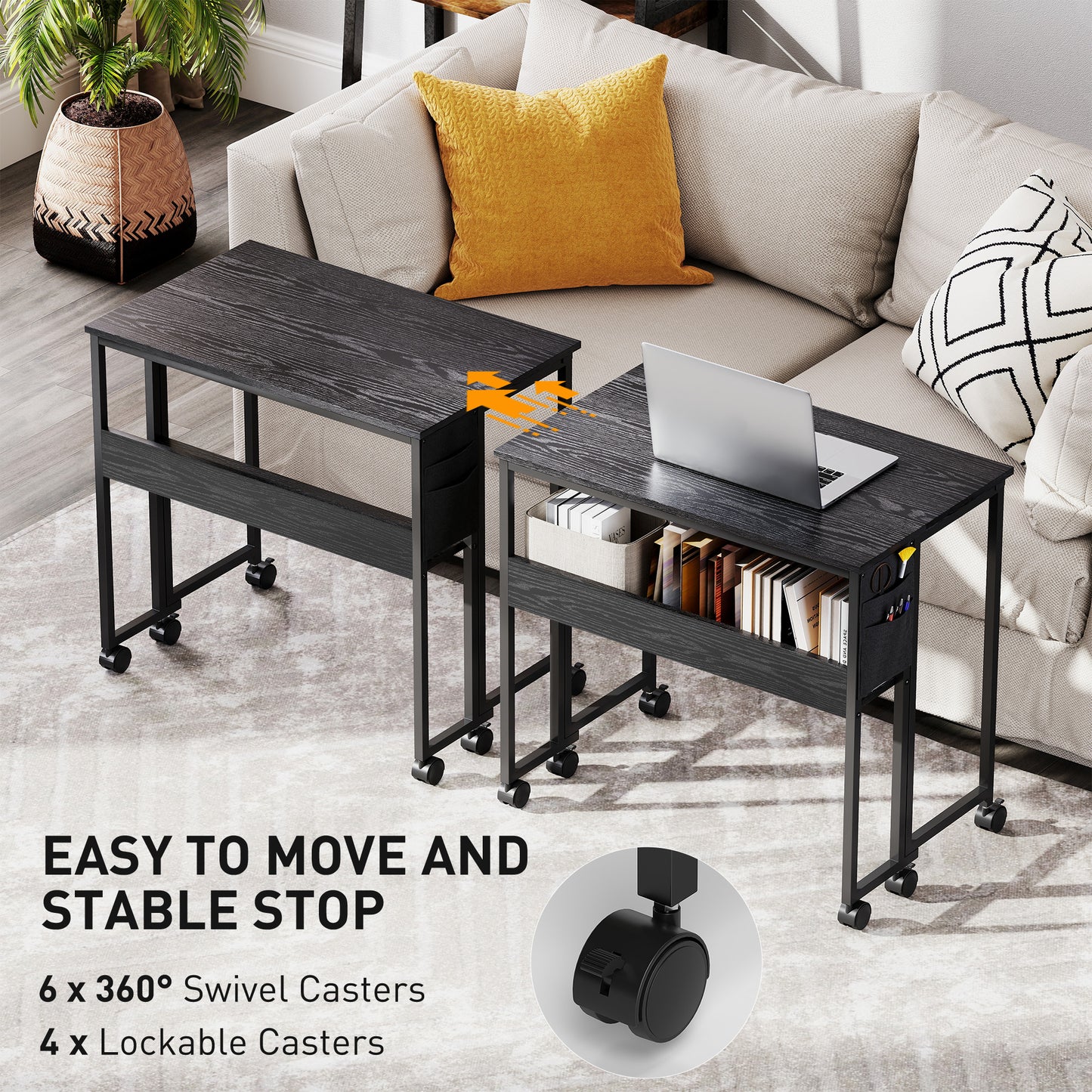 Folding Computer Desk with Storage Bag and Wheels - Black