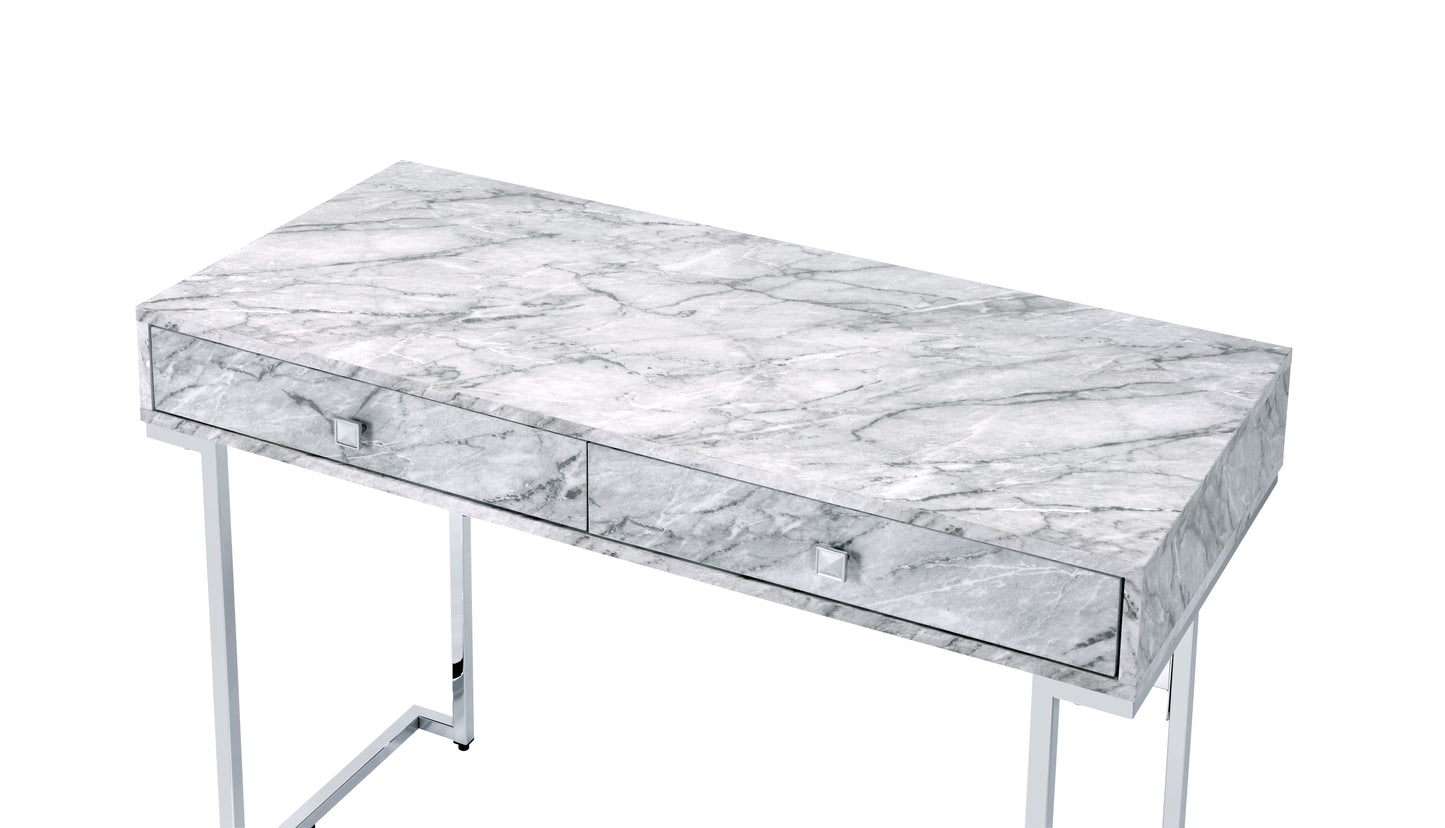White Faux Marble Top Writing Desk with Chrome Finish