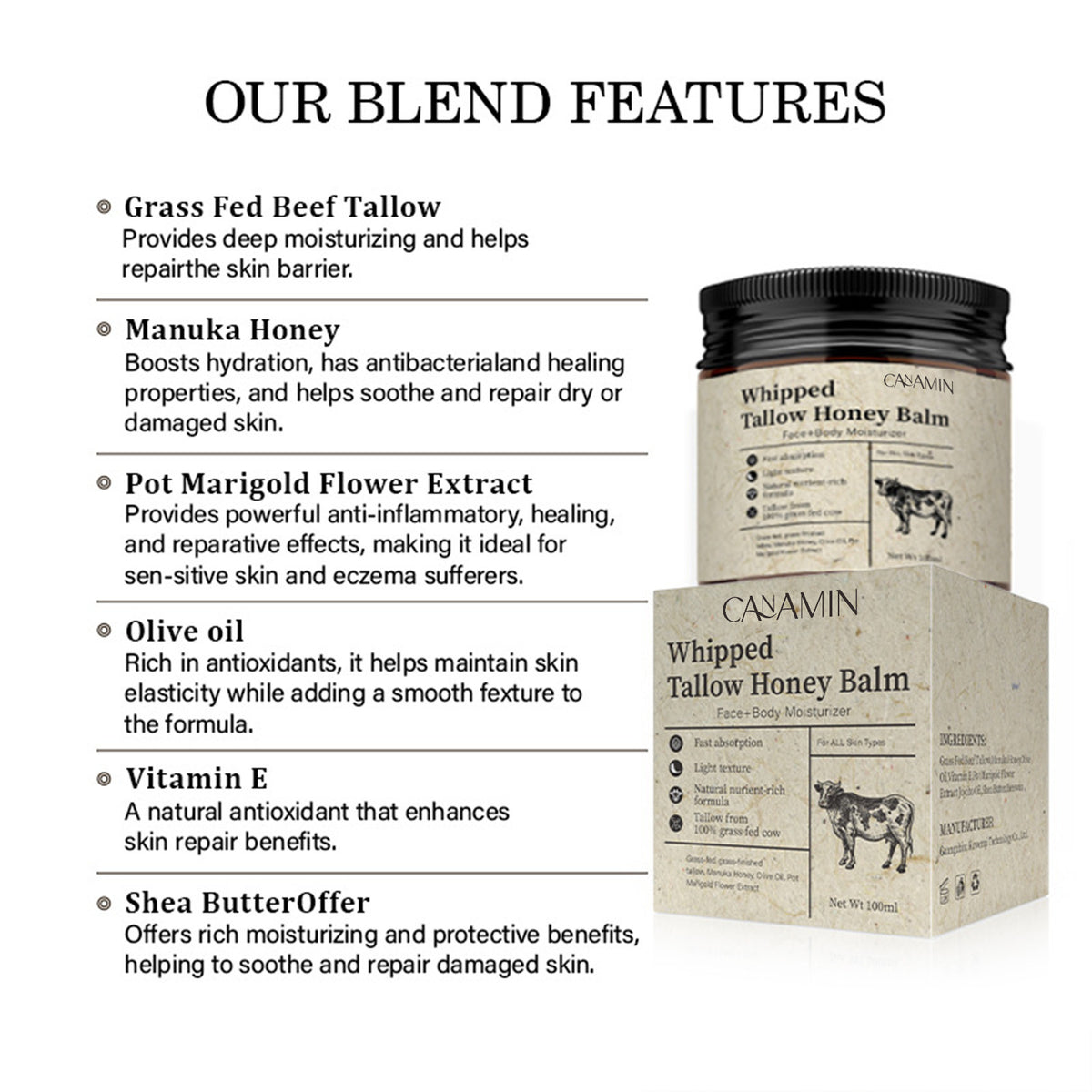 Grass Fed Cow Fat & Honey Moisturizing Cream 100g