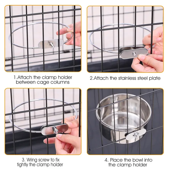 Detachable Stainless Steel Pet Cage Food & Water Bowl with Clamp Holder - Medium