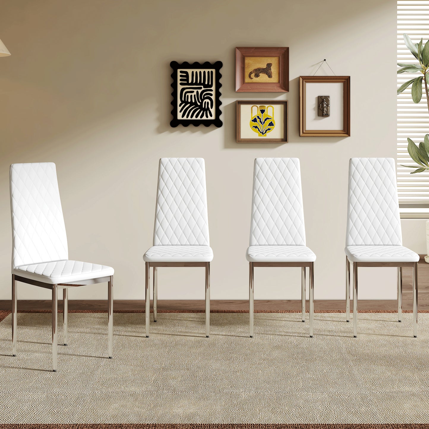 Modern White PU Dining Chairs Set Of 4 - Diamond Quilted High Back