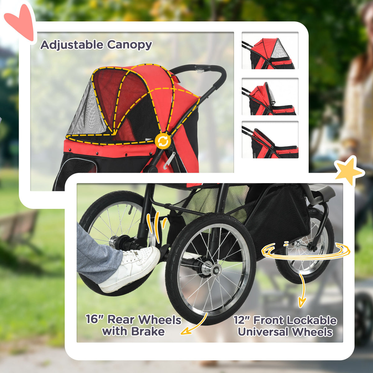 Pet Stroller for Small to Medium Dogs with 3 Large Wheels, Adjustable Canopy, Safety Tether