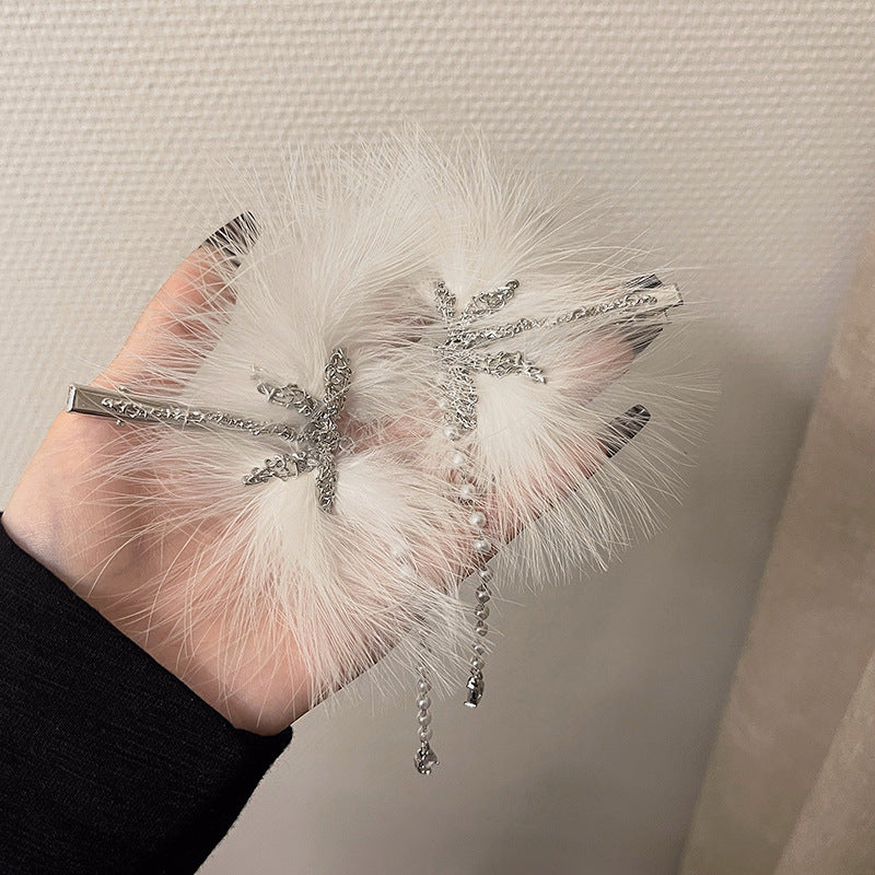 Feather Hairpin with Pearl Tassel - Duck Beak Clip