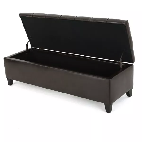 Storage Ottoman Bench - Dark Brown PU, Rubber Wood Legs