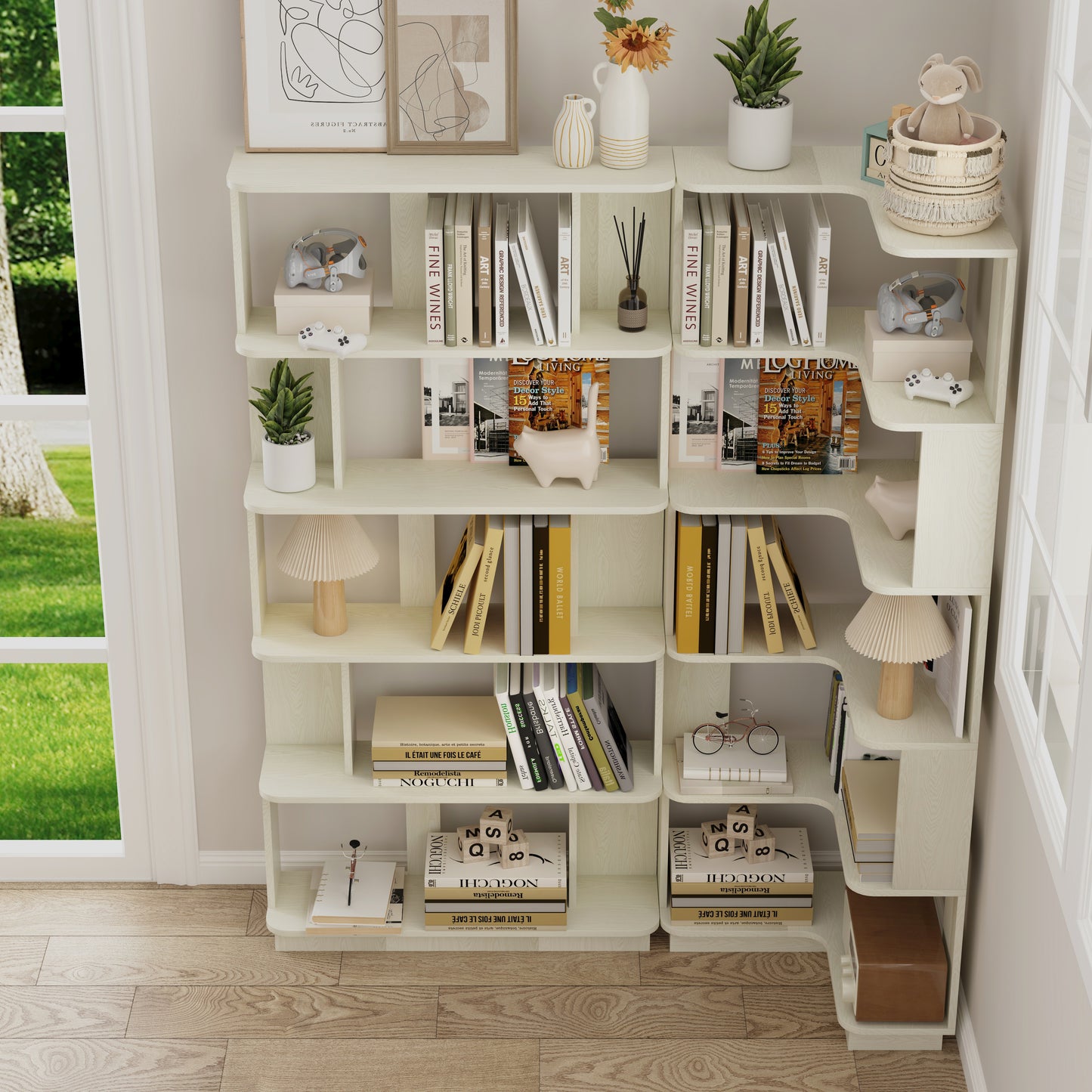 Set of 2 Space Saving Corner Bookshelf - White MDF
