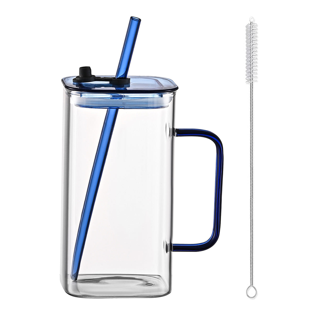 Blue Glass Straw Cup - High Borosilicate Drinkware with Lid