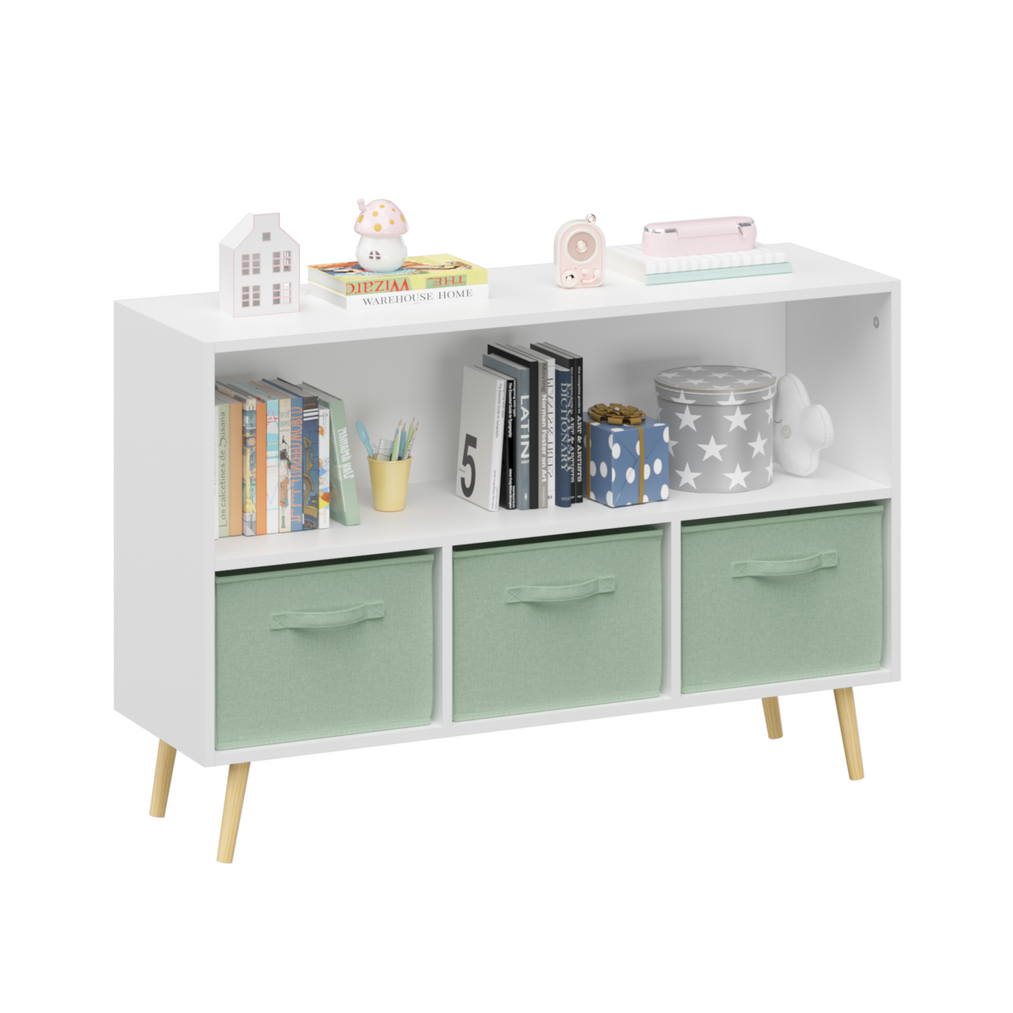 Kids Bookcase with Collapsible Fabric Drawers - White & Green