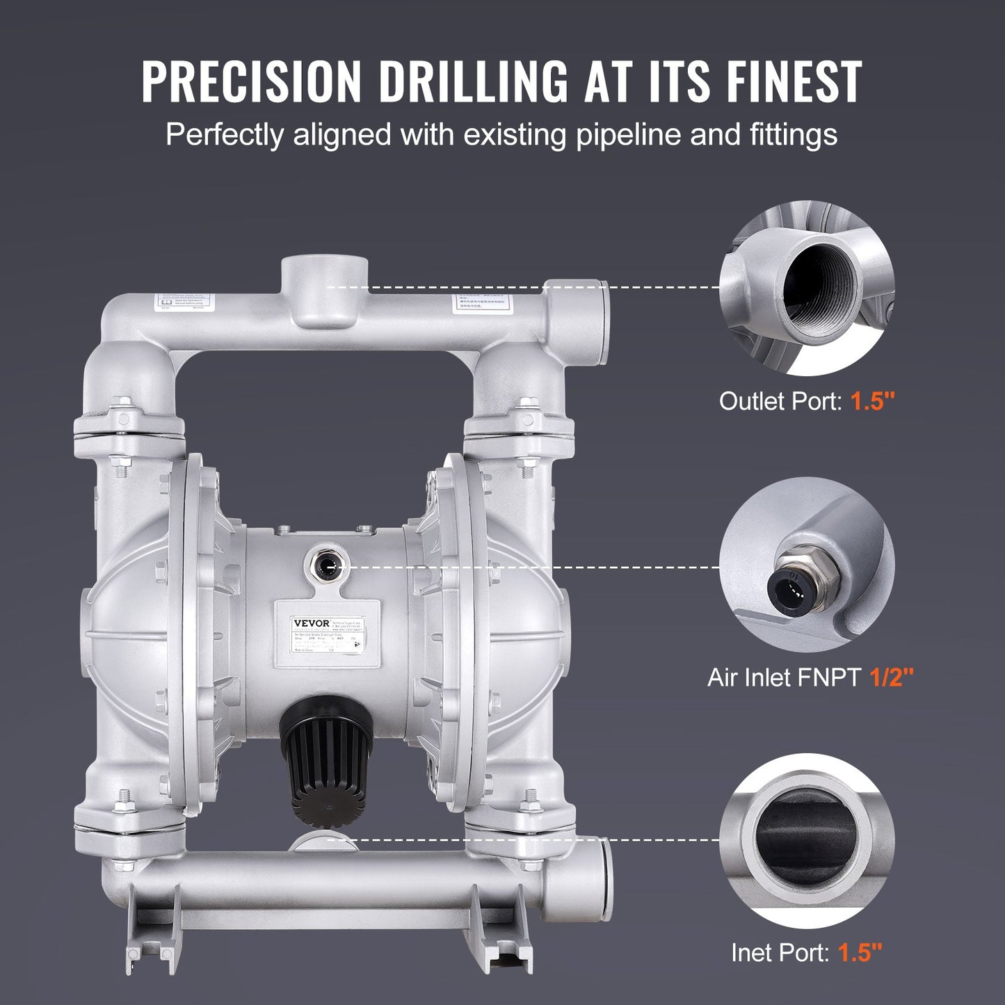 Air Operated Double Diaphragm Pump 44 GPM 115 PSI Oil Transfer Aluminum Silver