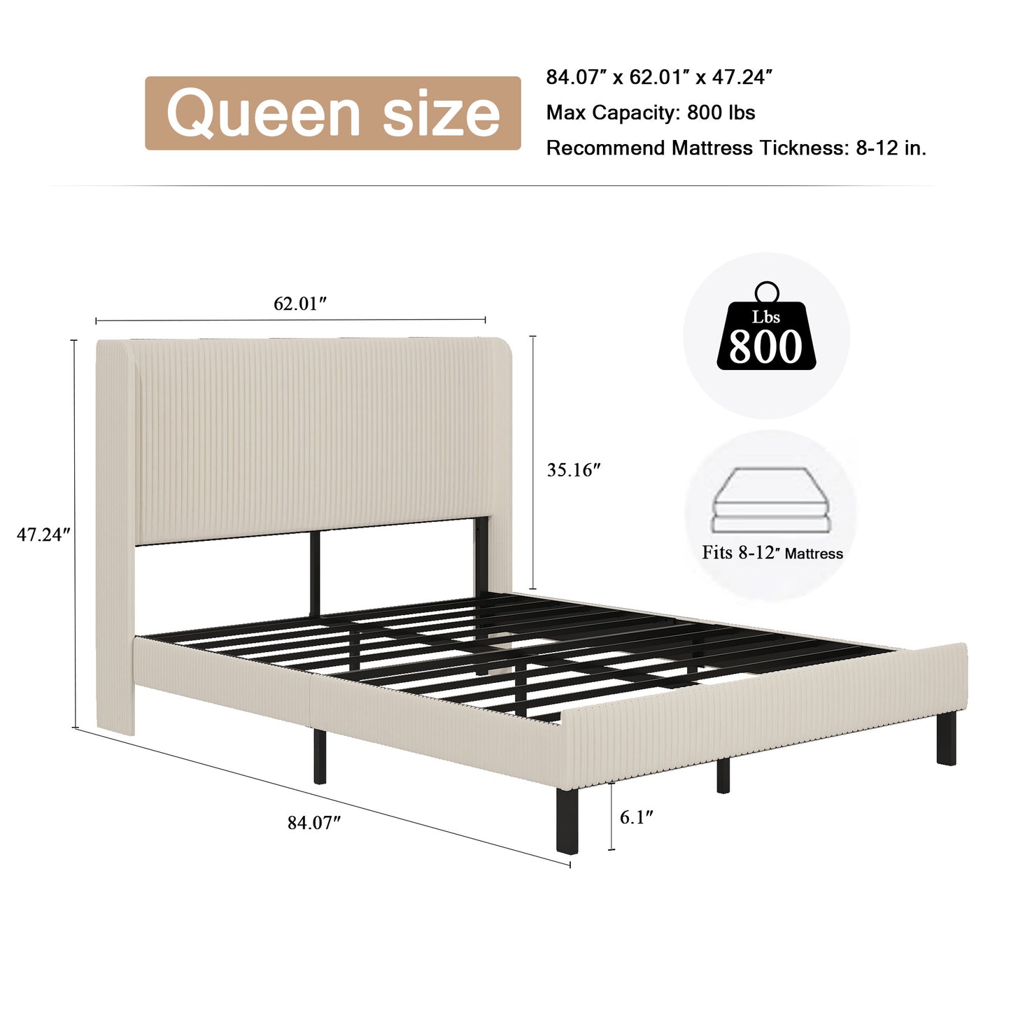 Queen Metal Platform Bed Frame with Charging Station - Beige
