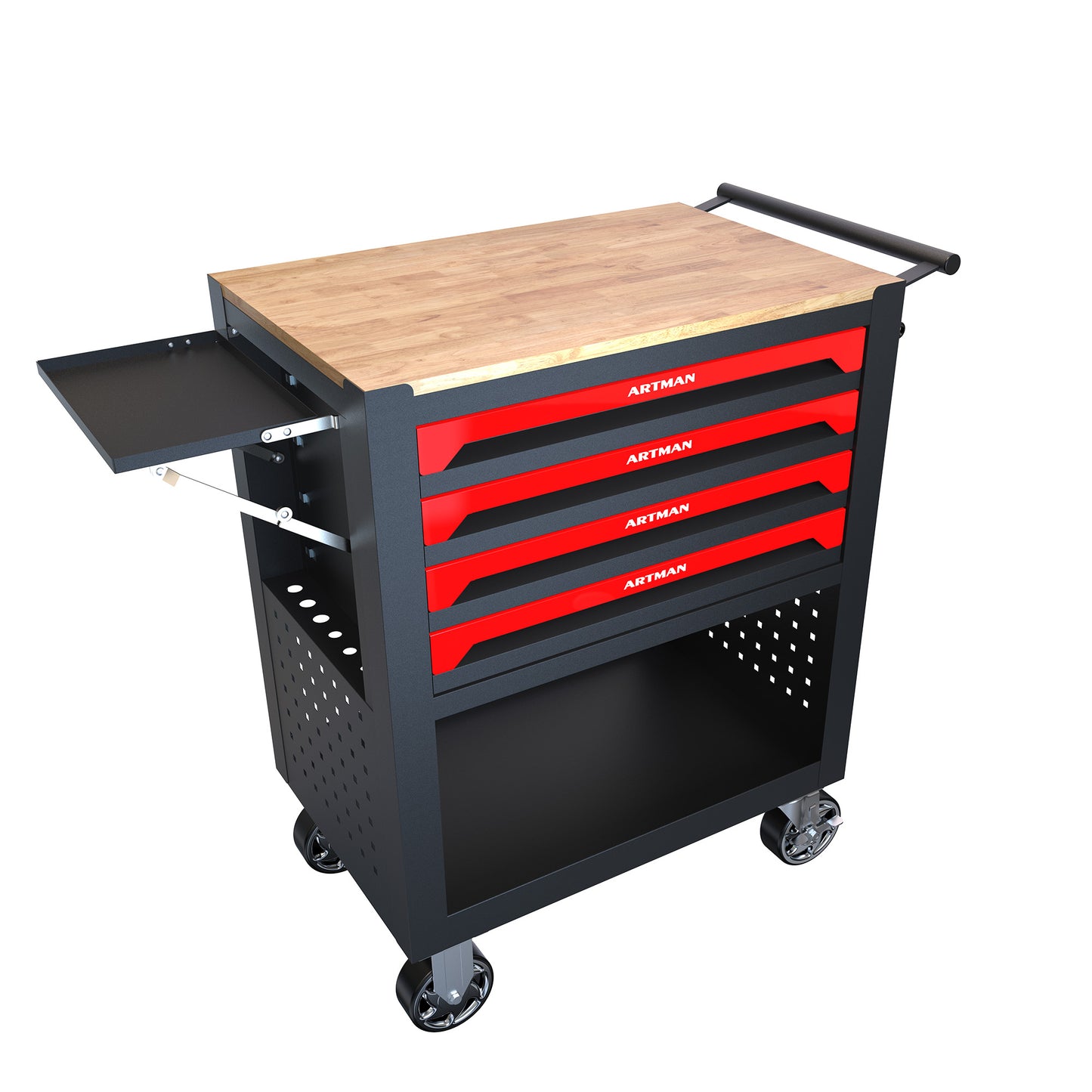 4-Drawer Multifunctional Tool Cart with Wheels and Wooden Top
