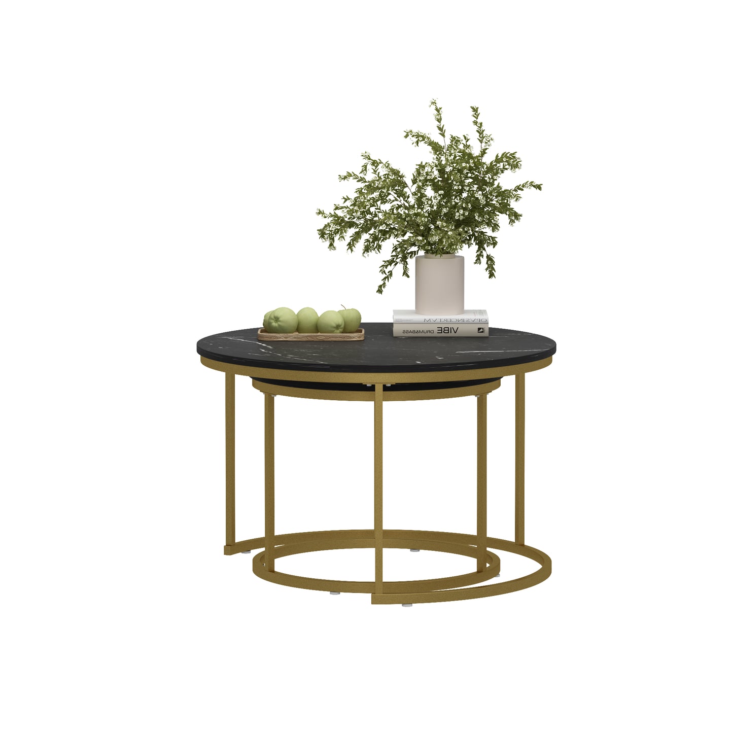 Nesting Coffee Table Set of 2 - Round Black+Gold Marble Top