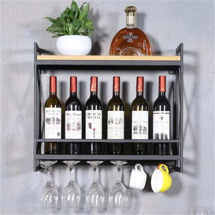 Solid Wood Wall-Mounted Wine Rack - Black, 60x20x53cm Home Storage