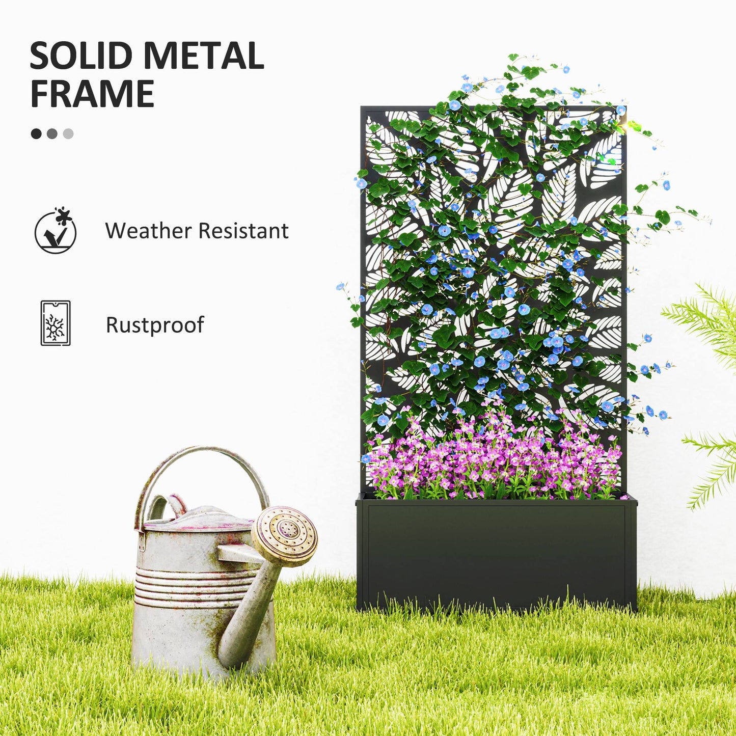 Metal Garden Bed with Trellis for Climbing Plants - Freestanding or Wall Mountable, Black 960x680mm