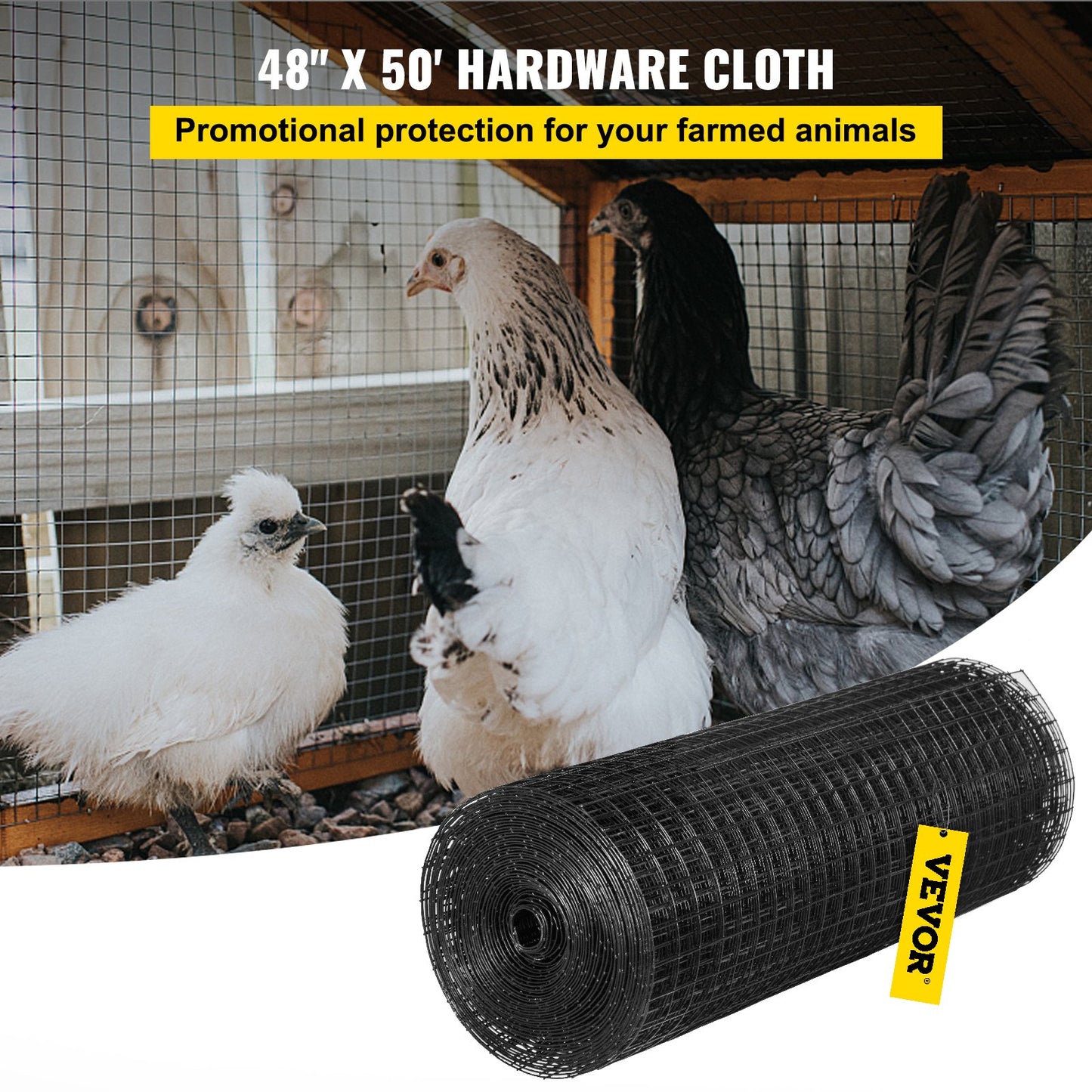 Galvanized Steel Hardware Cloth 48x50FT Mesh Fencing, Black Vinyl Coated, 16 Gauge with Gloves & Cutting Pliers