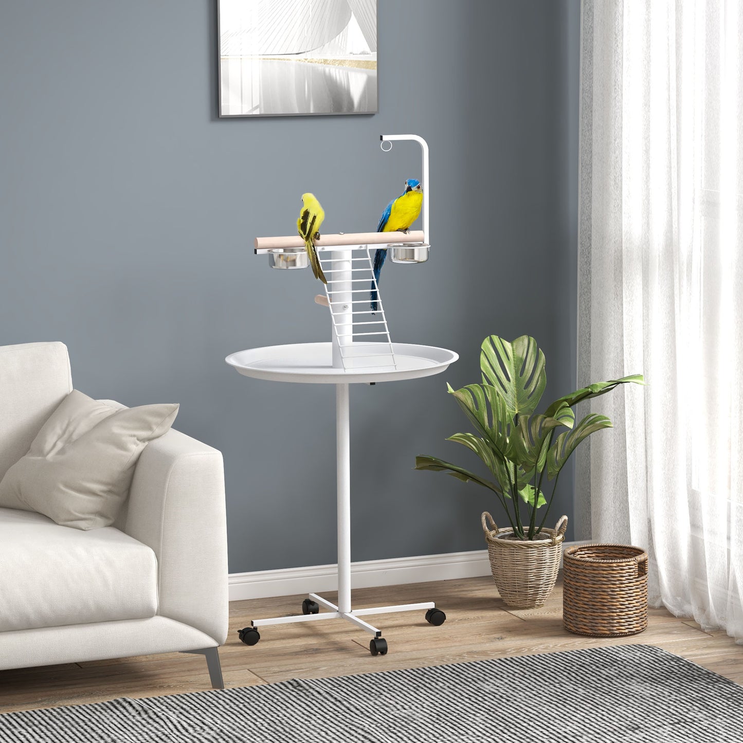 Bird Stand with Wheels, Perches, Feed Bowls & Tray for Parrots