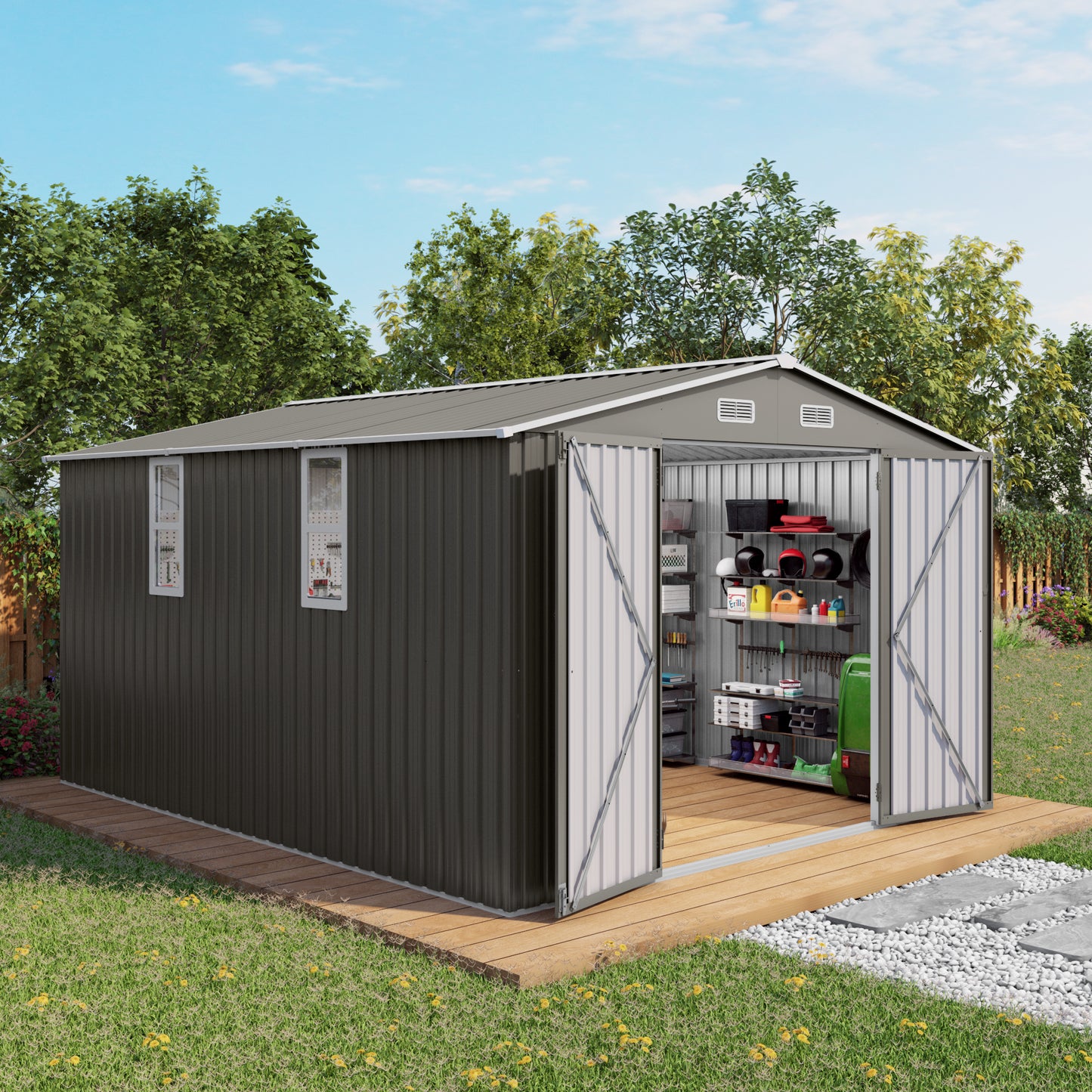 10x12FT Outdoor Storage Shed Large Metal Garden With Double Door And