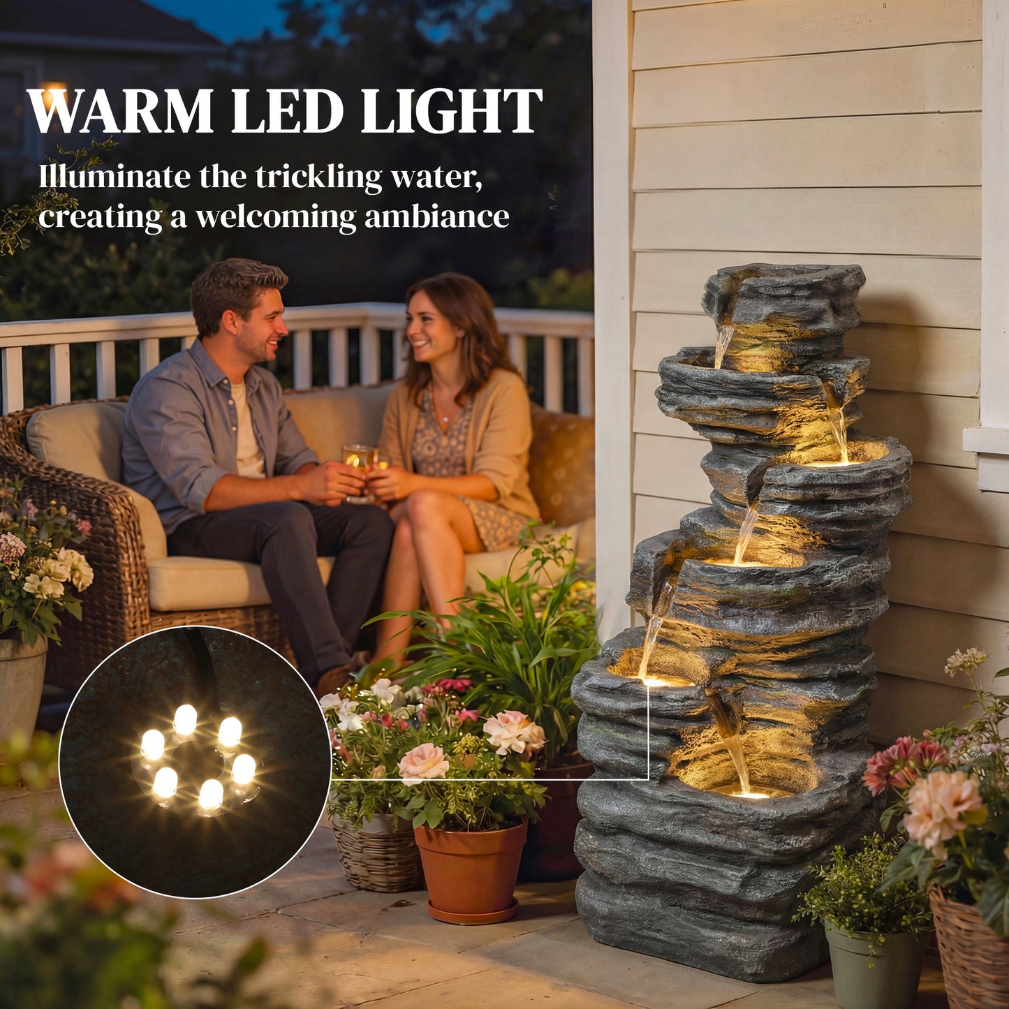 40-Inch Outdoor Water Fountain with LED Lights 6-Tier Cascading Resin Garden Feature - Gray