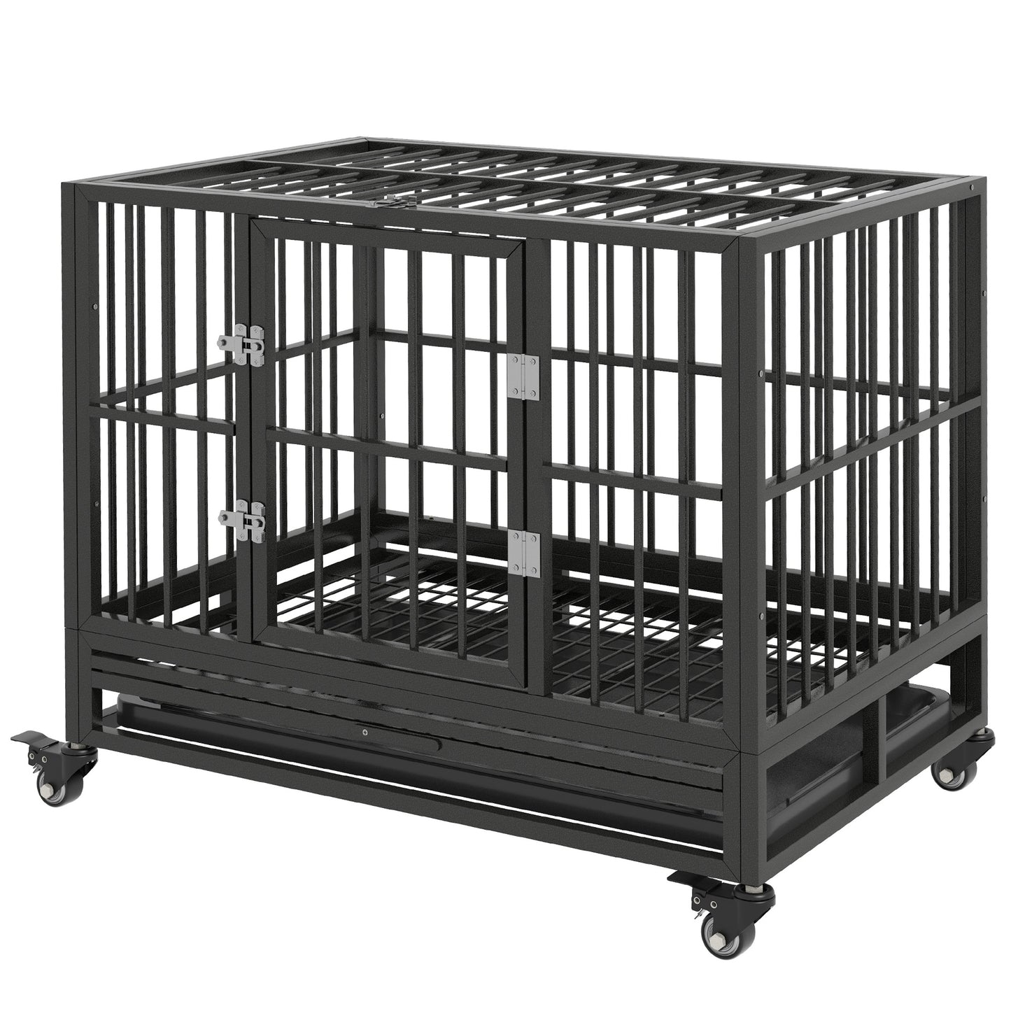 36-Inch Heavy Duty Metal Dog Crate with Lockable Wheels & Removable Tray