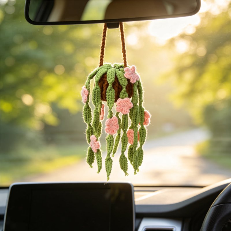 Crochet Hanging Plant Ornament with Pink Blossoms Indoor Home Decor