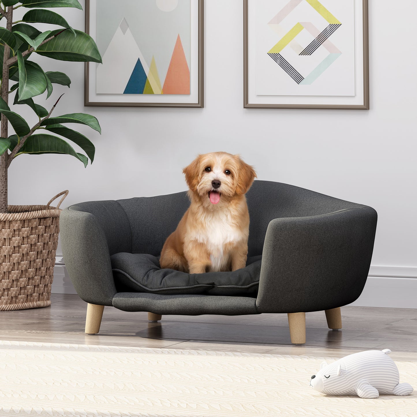 Small Dog Elevated Bed Frame with Rubber Wood Legs and Plush Fabric, Dark Gray