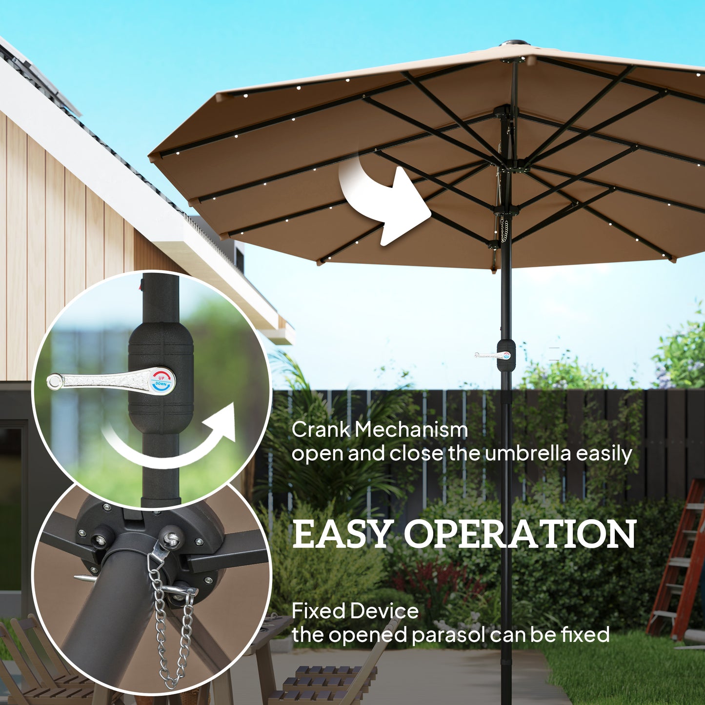 14.4 ft Double-Sided Garden Parasol with LED Solar Lights - Khaki