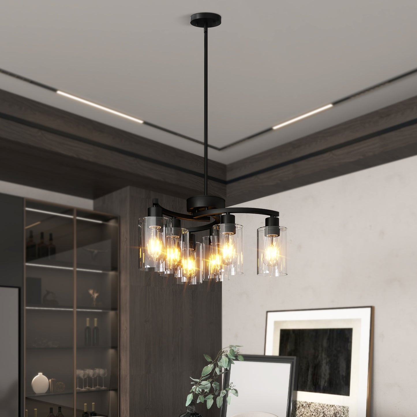 6-Light Farmhouse Black Chandelier for Dining Room Modern Pendant Light Fixture