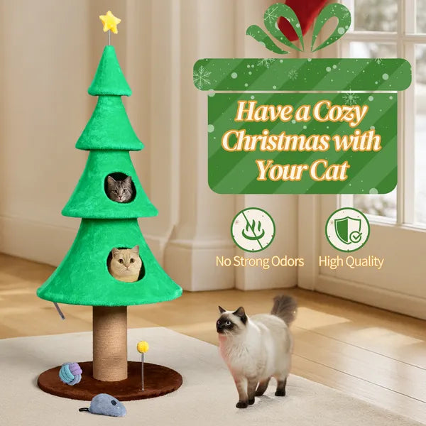 Large 59in Christmas Tree Cat Tower with Condos & Scratching Post, Fleece Cover, Teaser Toy