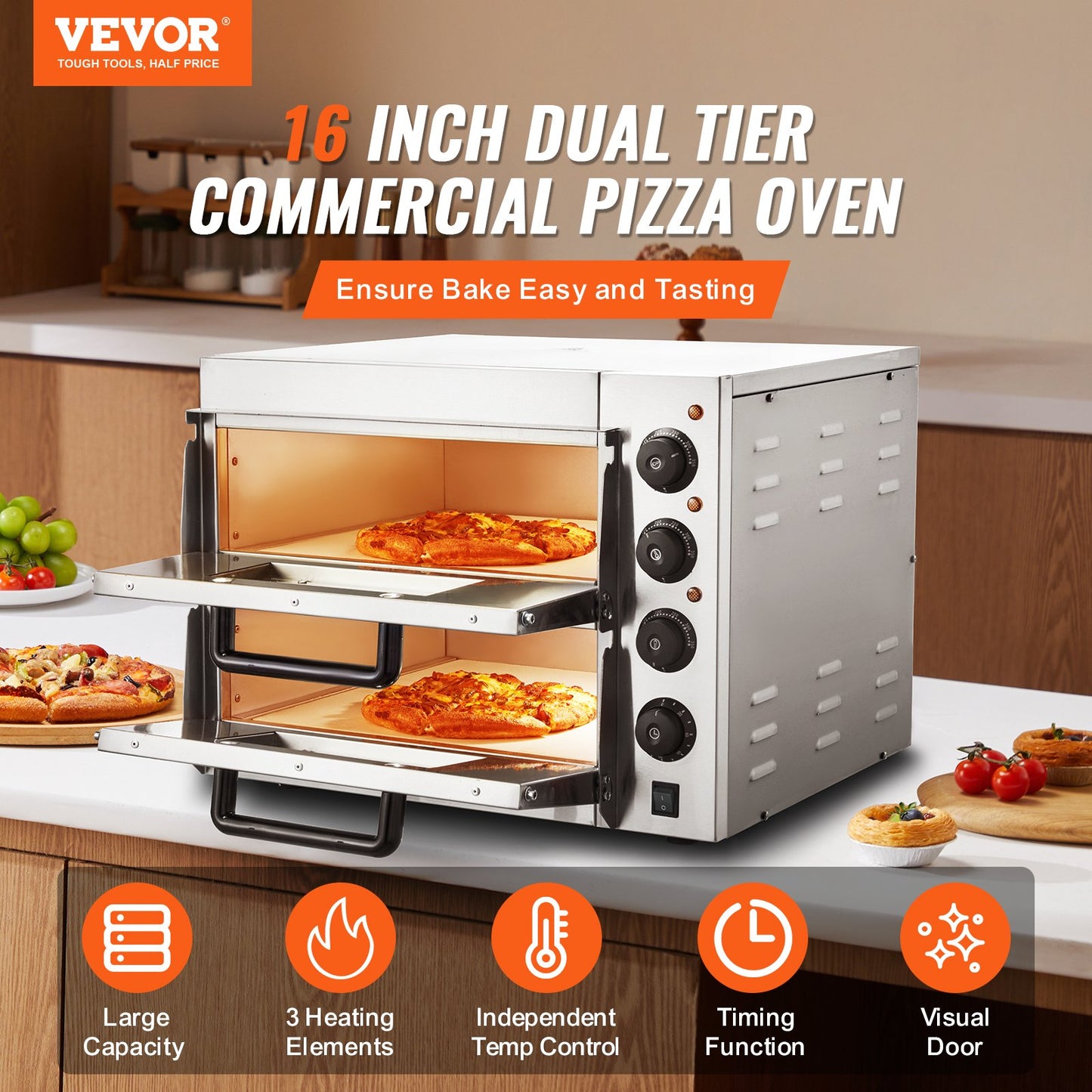 Electric Countertop Pizza Oven 16-Inch with Stainless Steel & Adjustable Temp