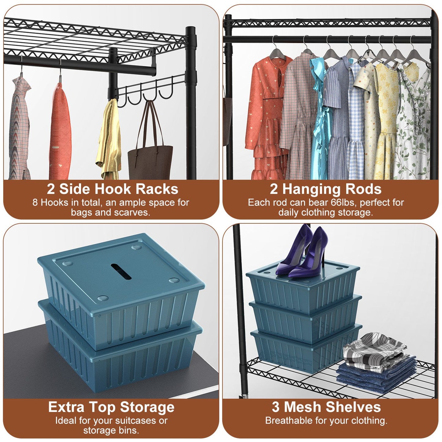 1Pc 2 Tier Foldable Clothing Rack With Cover Portable Wardrobe Closet
