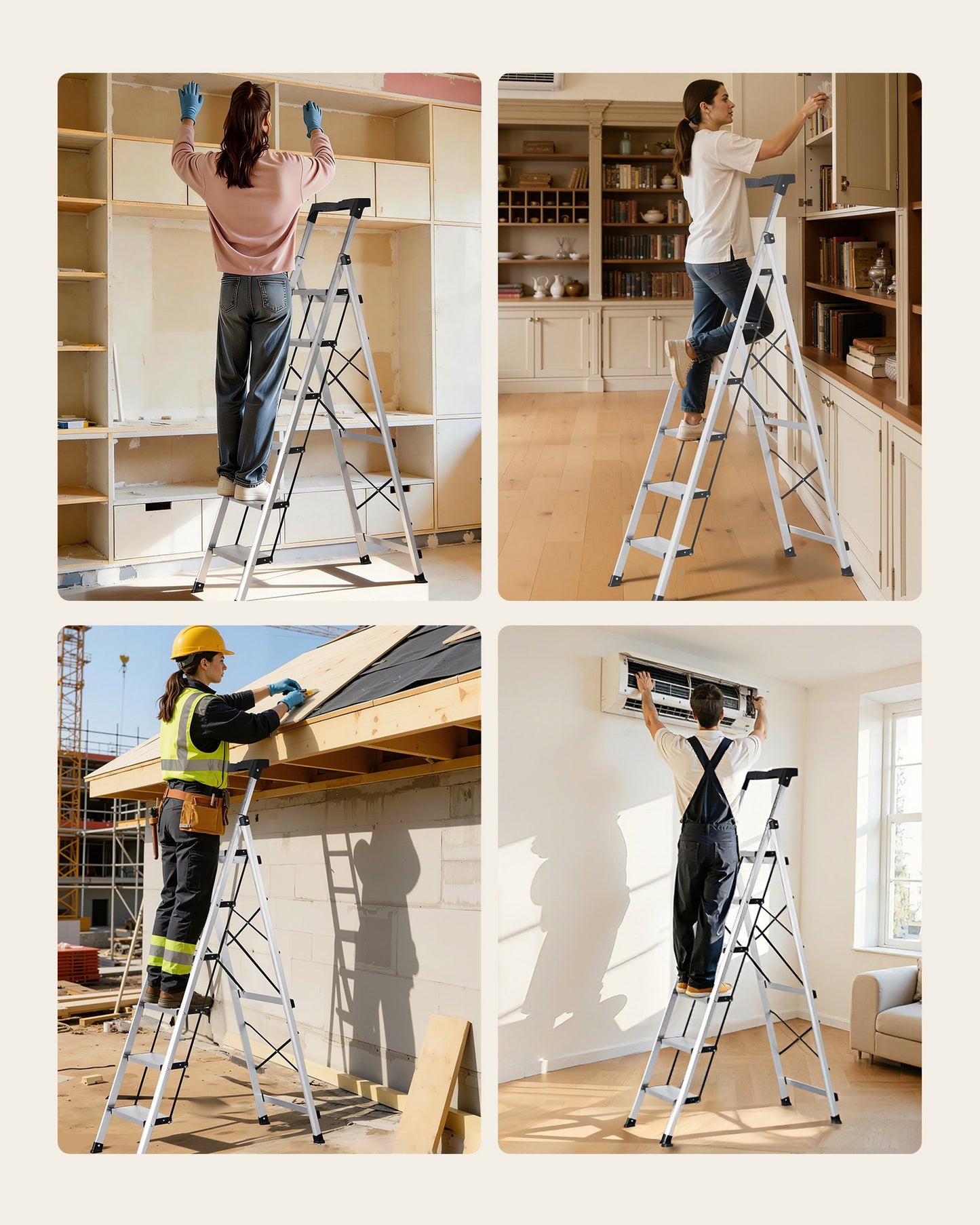 6 Step Folding Aluminum Ladder with Anti-Slip Pedals & Handgrip - 330 lbs Capacity, Portable Silver Step Stool for Home & Office