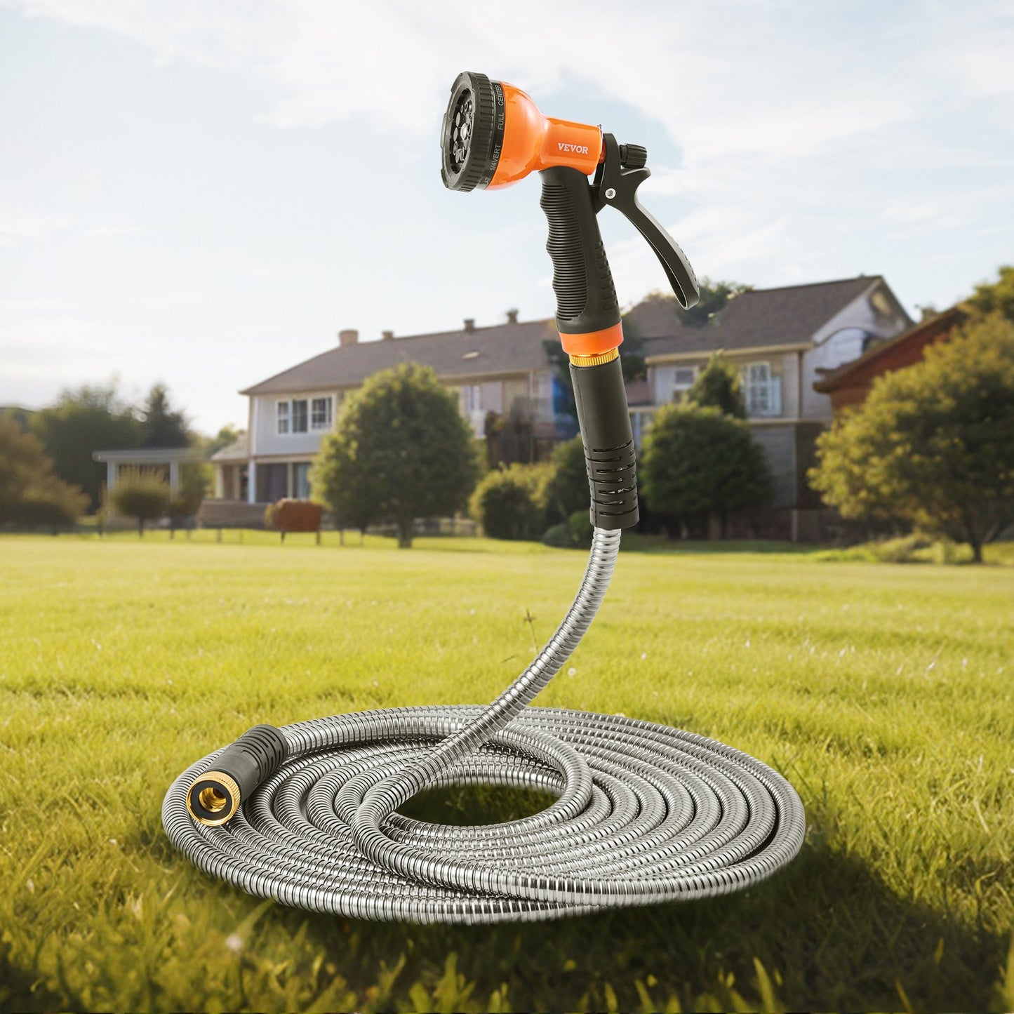 75 Ft Heavy Duty Metal Garden Hose with No-Kink Nozzle - Rust Proof Stainless Steel Water Pipe, Lightweight & Flexible Backyard Watering Tool