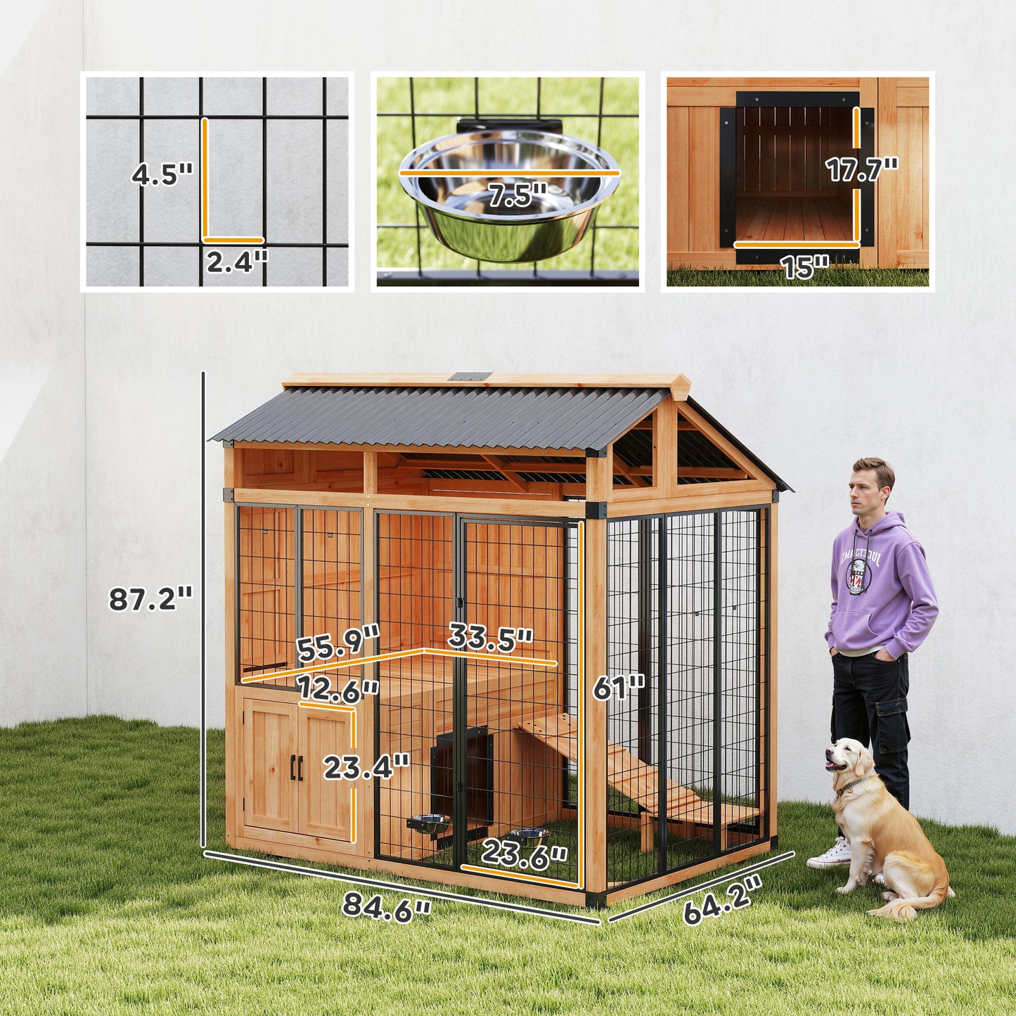 Large Outdoor Dog House with Platform and Storage Cabinet - Weatherproof Wooden Kennel