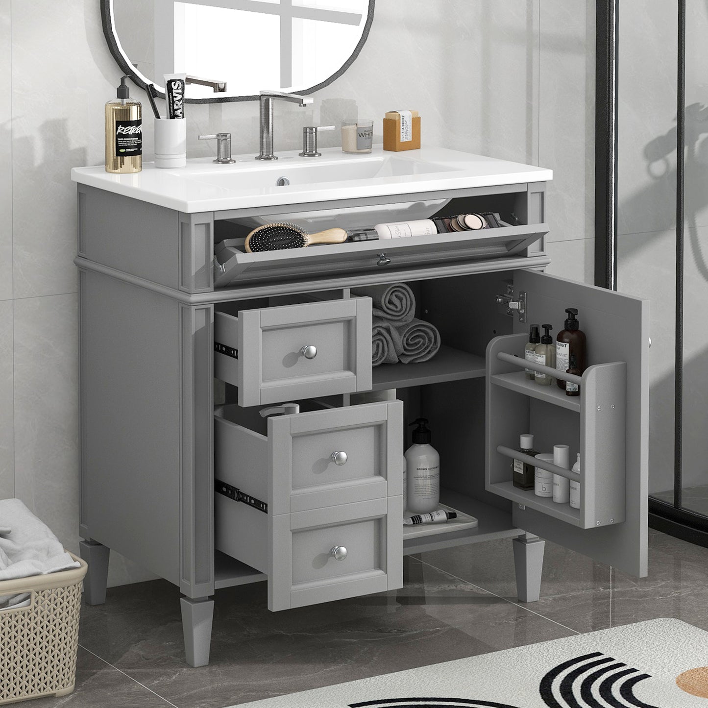 30'' Modern Bathroom Vanity with Sink & 3 Drawers - Grey