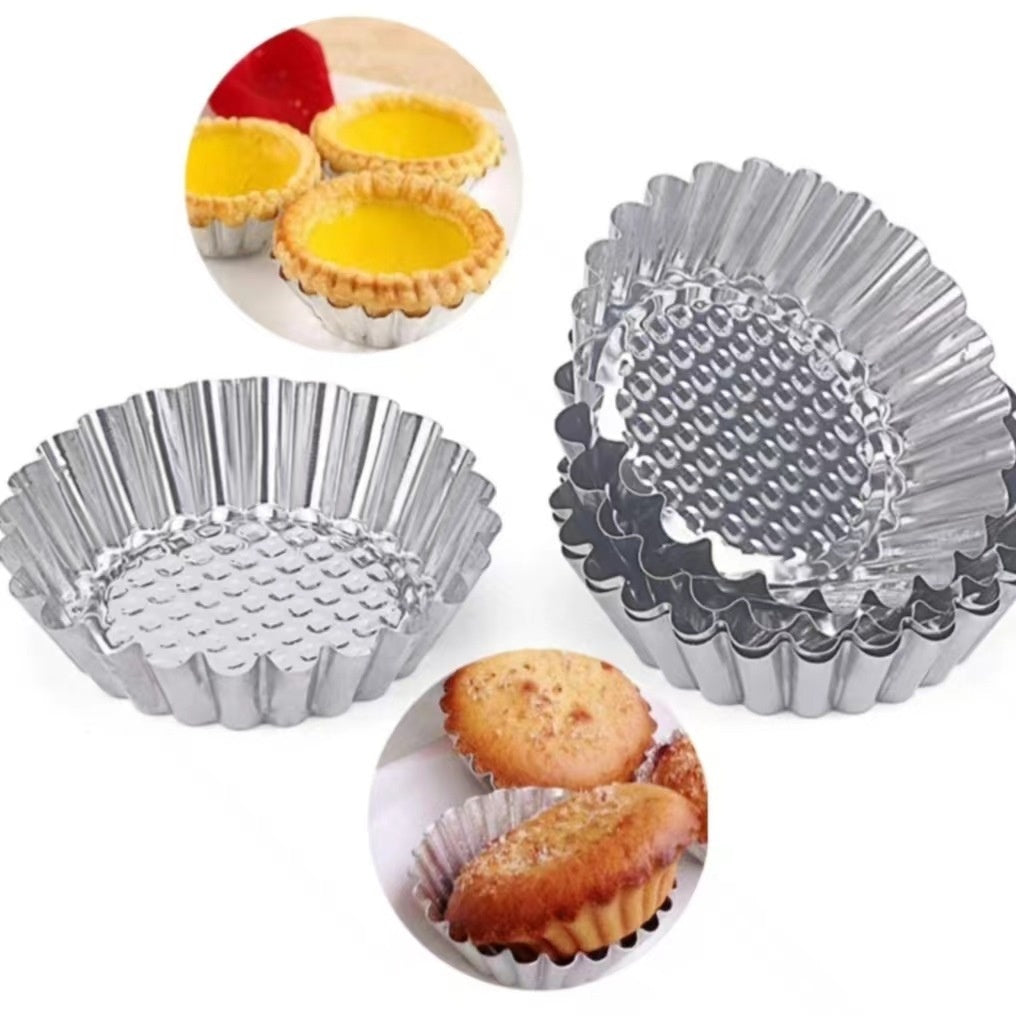Stainless Steel Egg Tart Mold Cups with Lace Edges for Baking - Silver