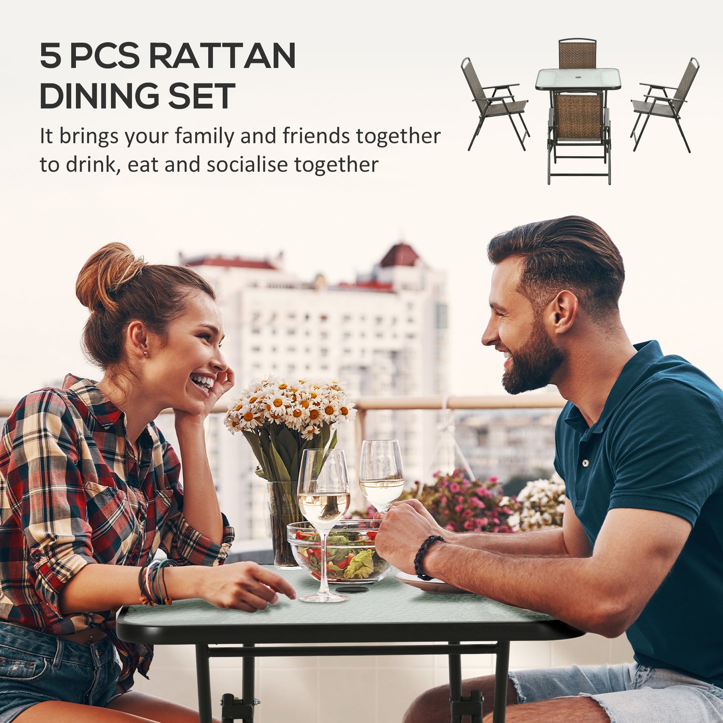 5-Piece Outdoor Dining Table Set with Umbrella Hole - Dark Brown
