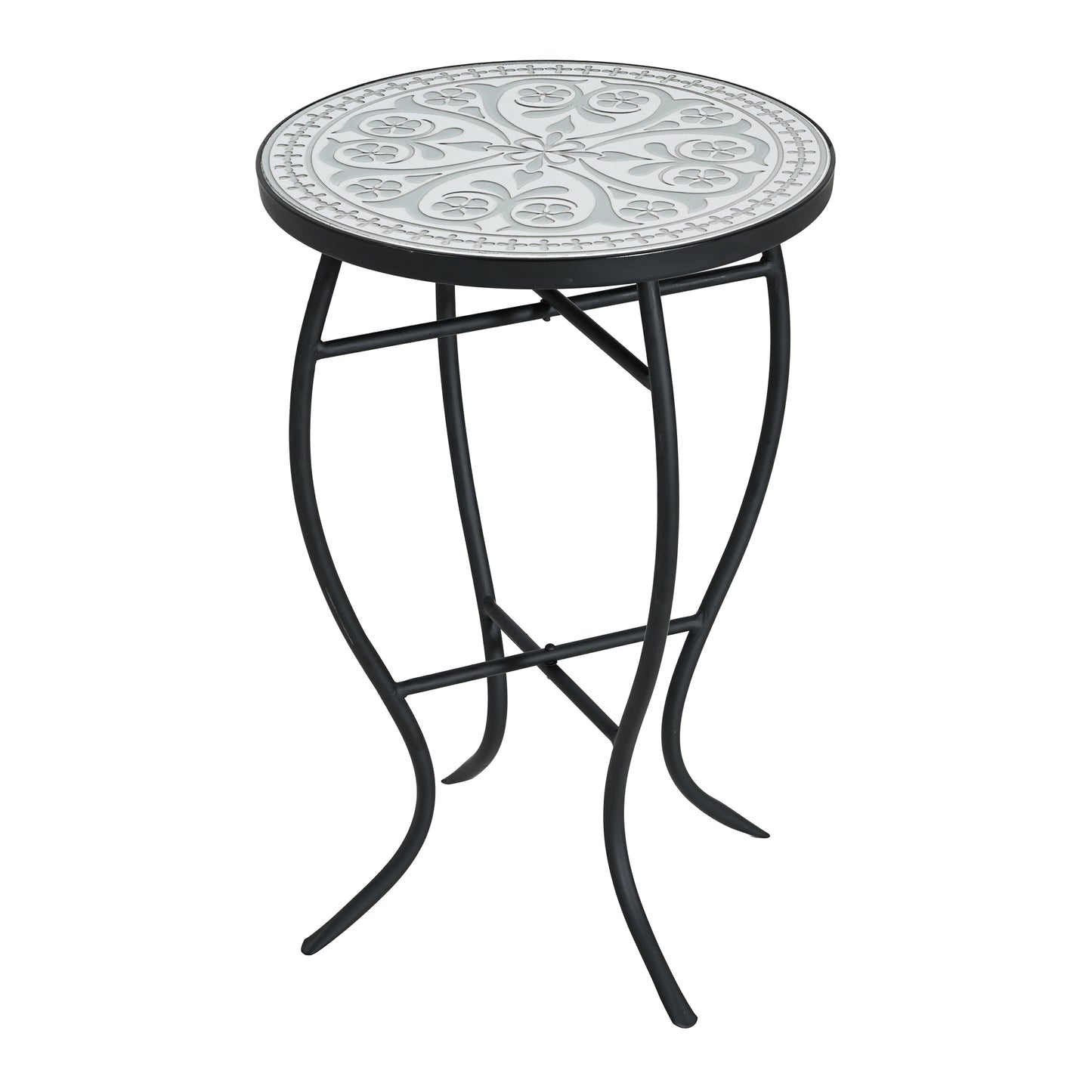Outdoor Round Side Table with Mosaic Top & Curved Iron Legs - Grey & Black