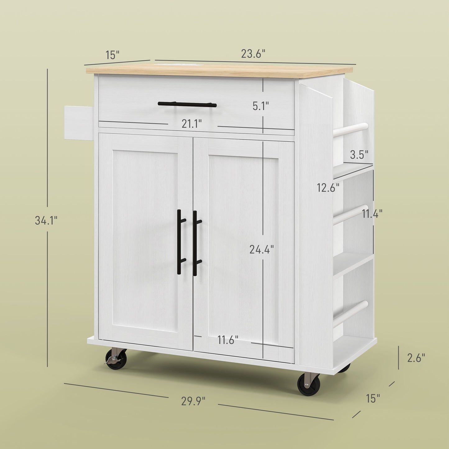 Rolling Kitchen Island with Wheels, Power Outlets & Storage - White