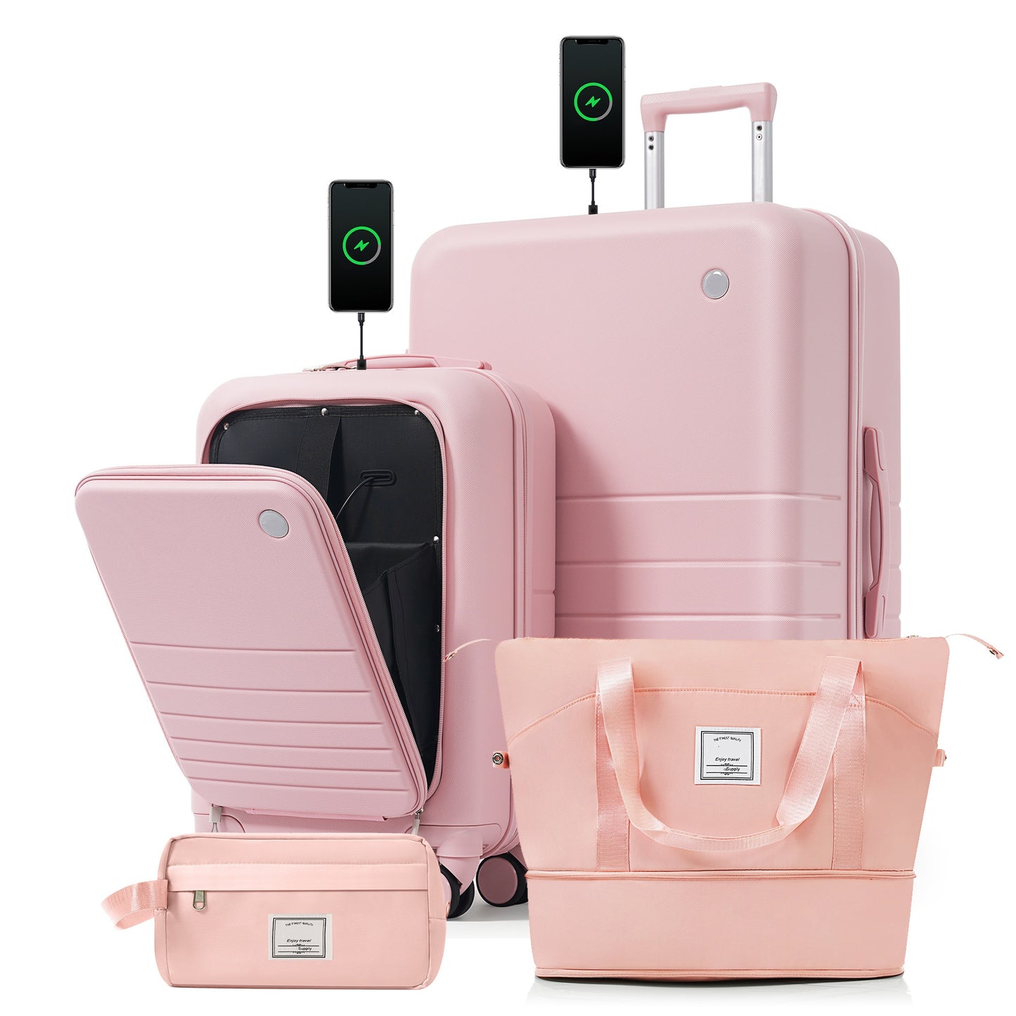 4-Piece Pink Luggage Set with USB Charging Ports & Toiletry Bag